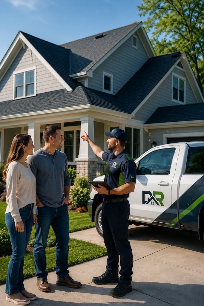 A roofing expert discusses restoration options with homeowners in front of their house, showcasing a company vehicle branded with the logo of a residential restoration and roofing company.