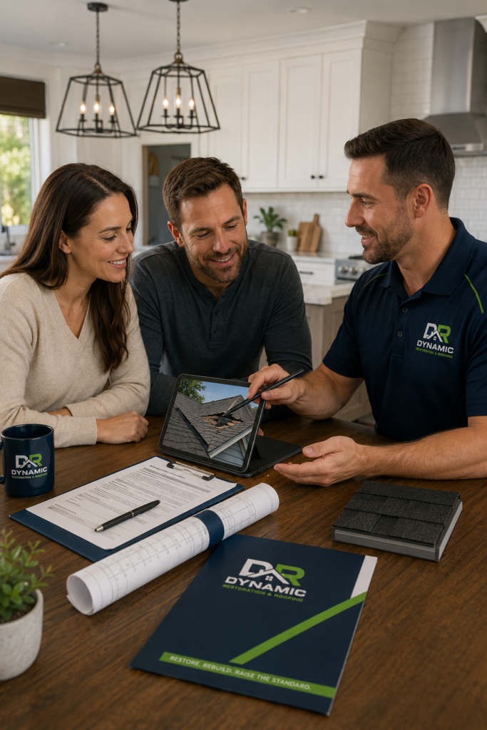 A professional roofing consultant discusses restoration options with a couple, showcasing a tablet image of a damaged roof, while documents and roofing samples are visible on the table.