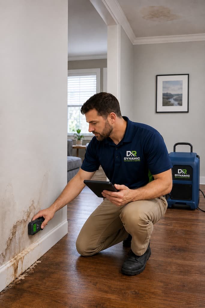 Technician assessing water damage on a wall using a moisture meter while holding a tablet, with restoration equipment visible in the background, highlighting residential restoration services.