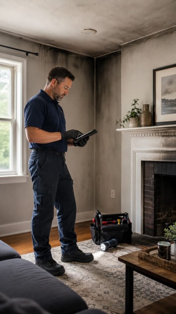 Professional restoration technician assessing damage in a residential living room, equipped with a tablet and wearing gloves, with visible soot on the walls and a toolbox nearby.
