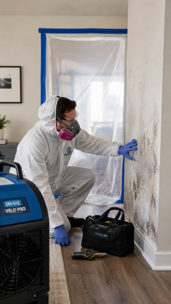 A restoration technician in protective gear inspects mold on a wall in a residential space, with restoration equipment and tools visible nearby. This image highlights professional restoration services for mold remediation and home recovery.