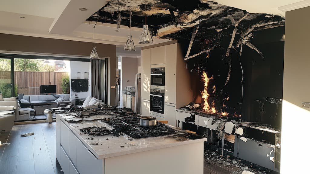 Damaged kitchen interior after a fire, showing a charred ceiling, burned cabinets, and debris on the counter, highlighting the need for restoration services.