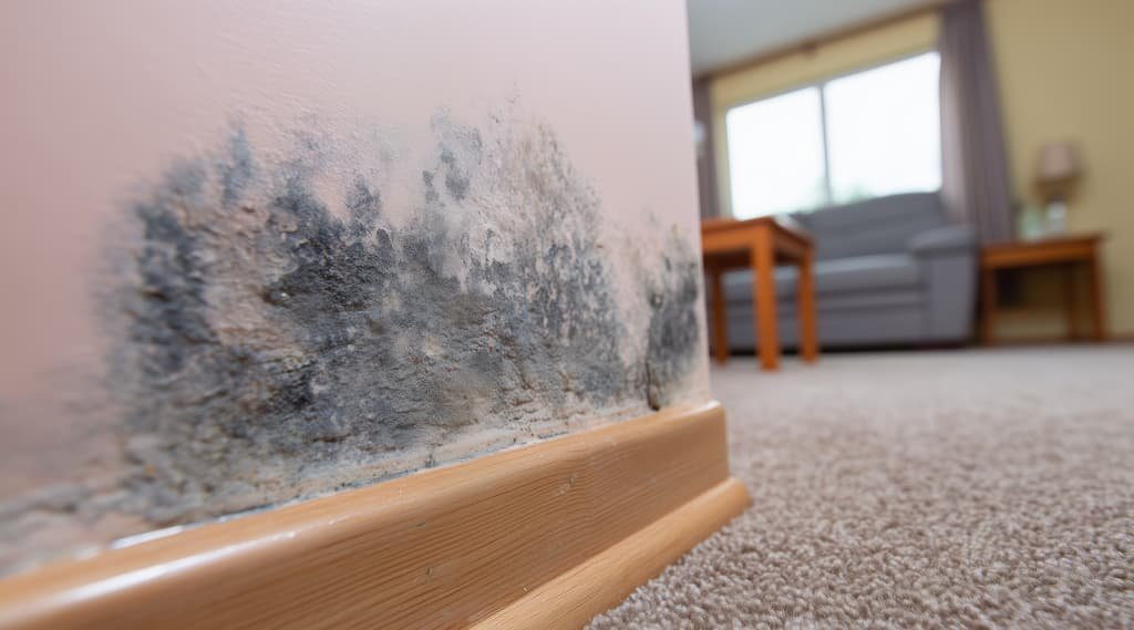 Mold growth on interior wall near baseboard in a residential living room, highlighting the need for professional restoration and remediation services.