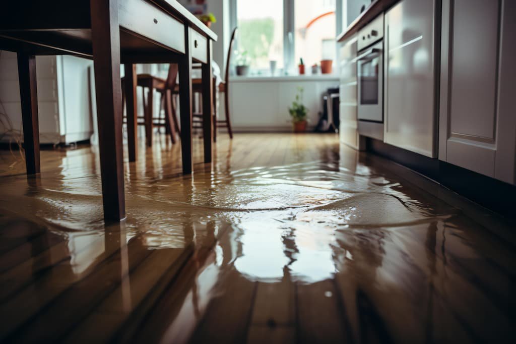Flooded kitchen with water covering wooden floors, highlighting the need for professional residential restoration and roofing services to address water damage and repair.
