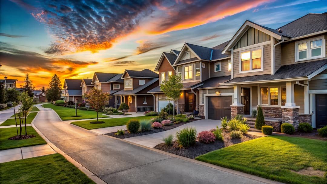 Scenic view of a residential neighborhood at sunset, featuring well-maintained homes and landscaped yards, showcasing the quality of living and community focus for a residential restoration and roofing company.