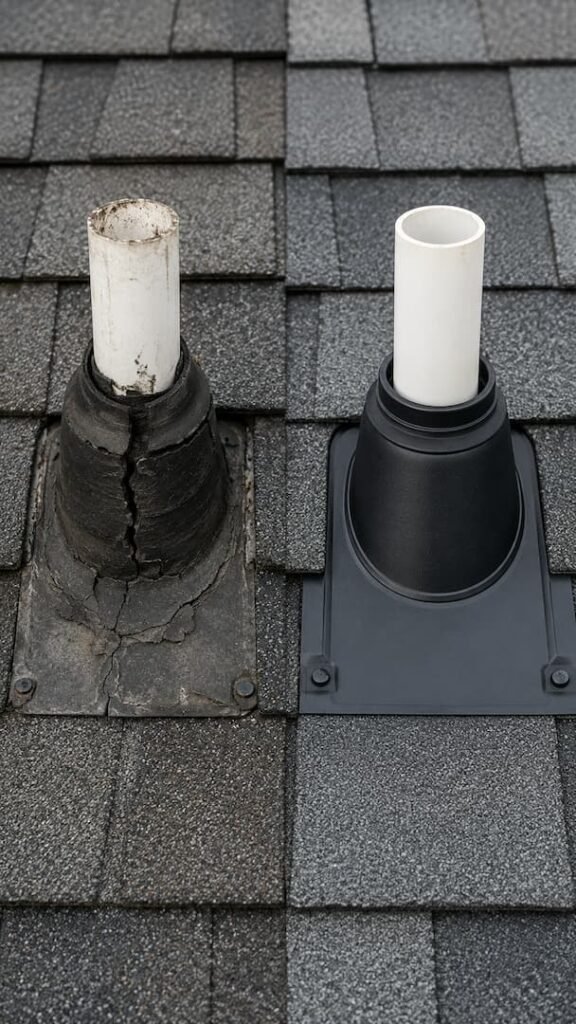 Before and after comparison of a roof vent replacement, showcasing a cracked and weathered vent on the left and a new, properly installed vent on the right, highlighting the importance of quality roofing services for residential properties.