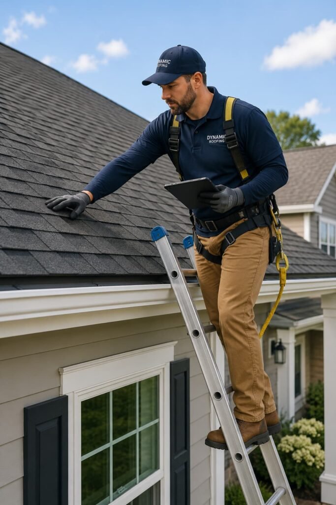 Professional roofer inspecting shingles while standing on a ladder, equipped with safety gear and a tablet, demonstrating quality roofing services for residential restoration.