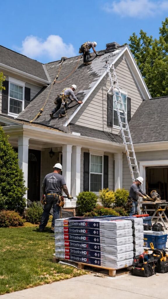 Roofing professionals installing shingles on a residential home, with a ladder and equipment visible, showcasing high-quality roofing services and materials.