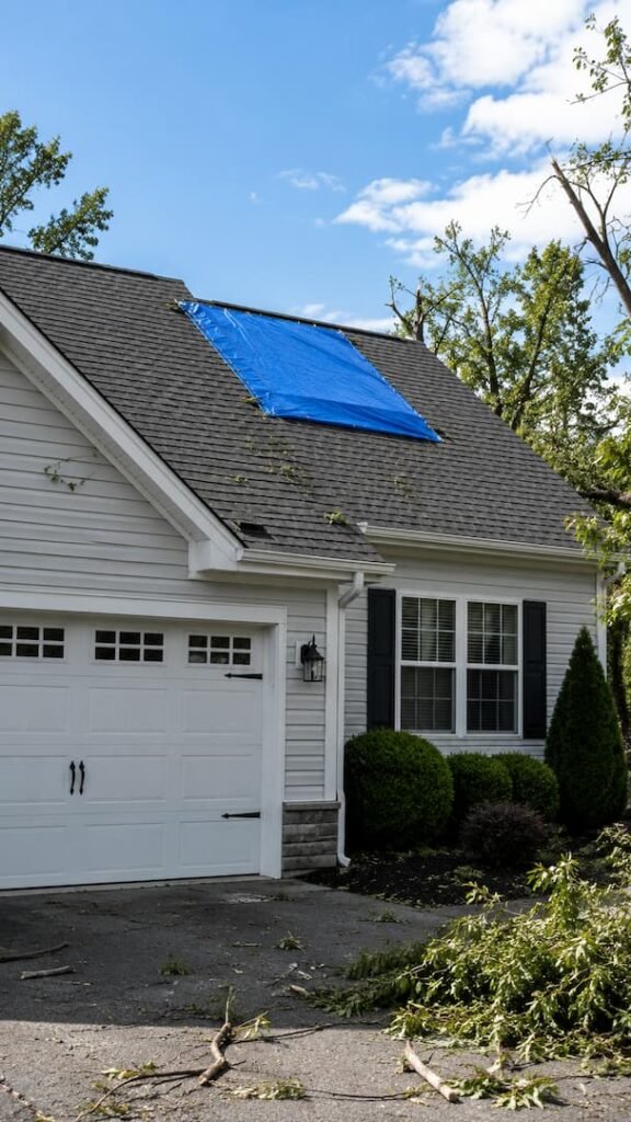 Residential roofing with a blue tarp covering a damaged area, highlighting the importance of prompt roof repair services. The home features a garage and well-maintained landscaping, emphasizing the need for professional restoration after storm damage.