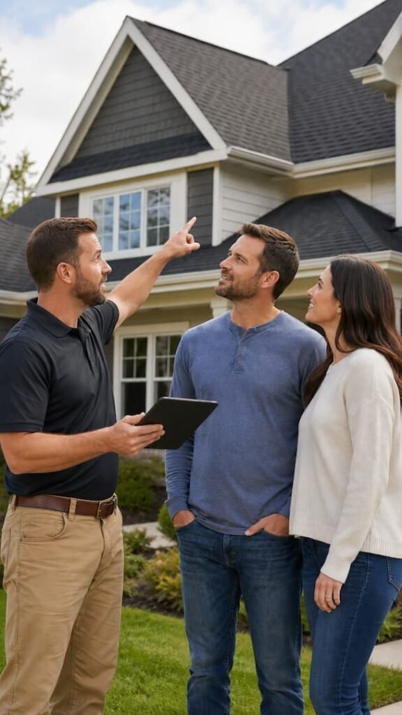 A roofing expert discusses options with a couple while pointing at their home, showcasing professional roofing services and consultation for residential restoration.