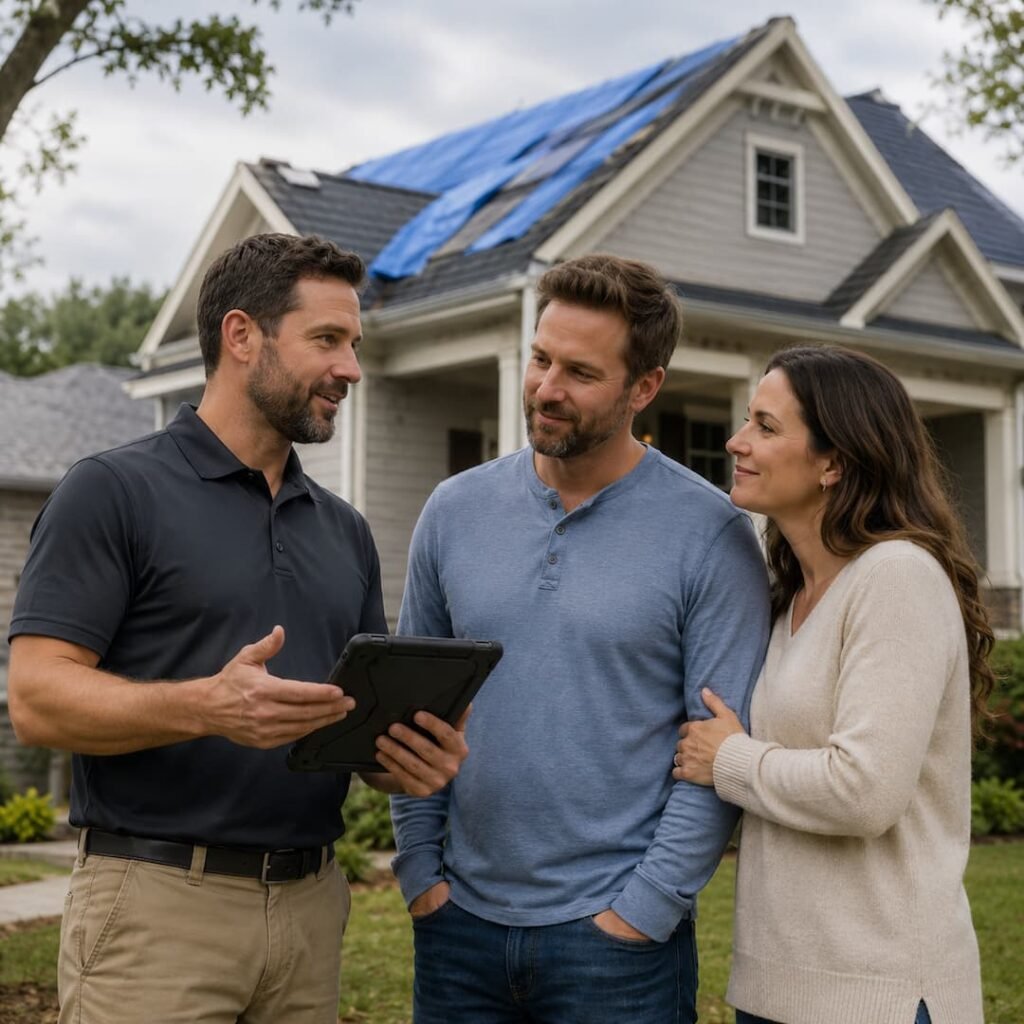 A residential restoration and roofing professional discusses project details with a couple outside their home, which features a partially covered roof with blue tarps, highlighting the company's focus on customer service and home improvement solutions.